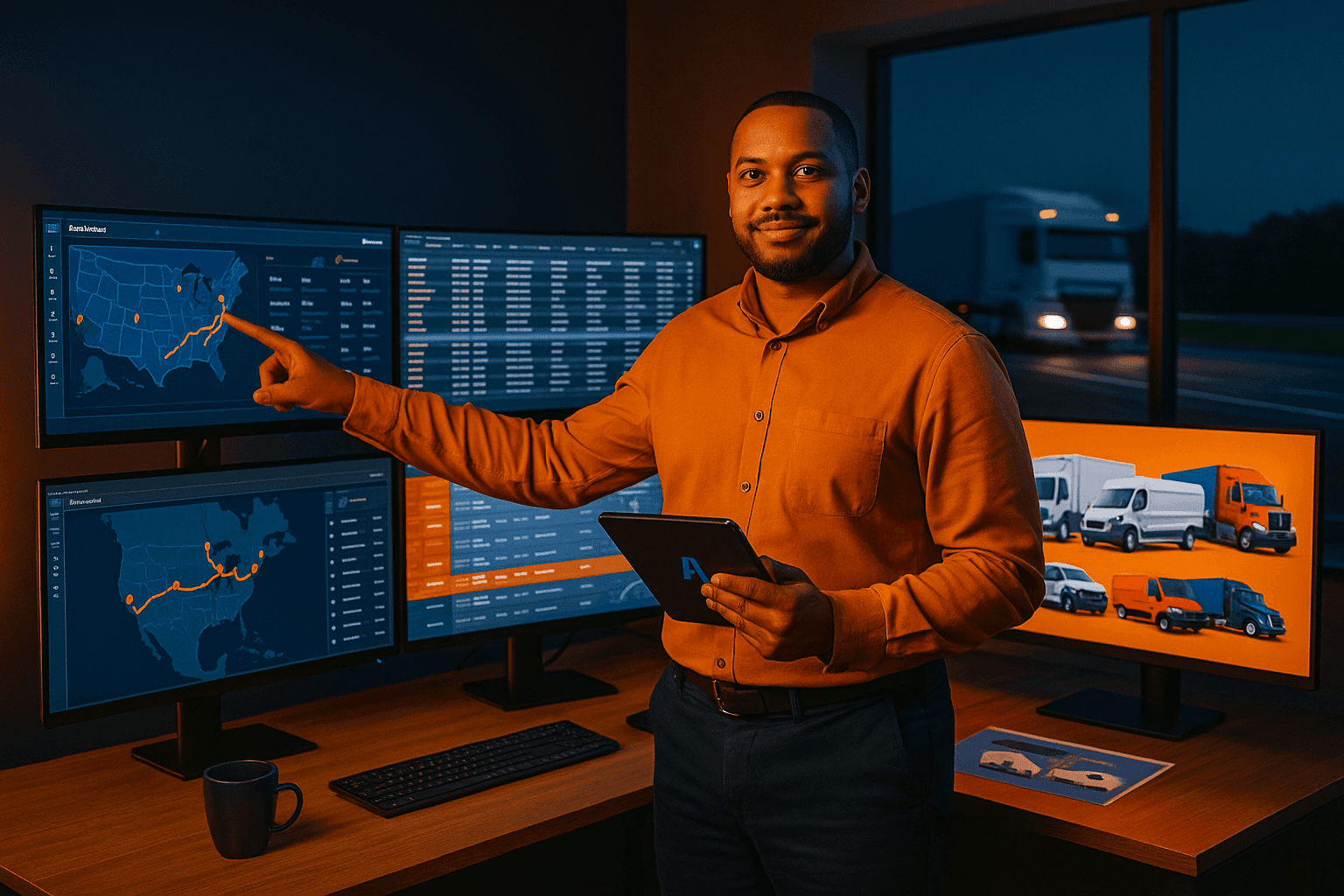 Logistics dispatcher in nighttime 