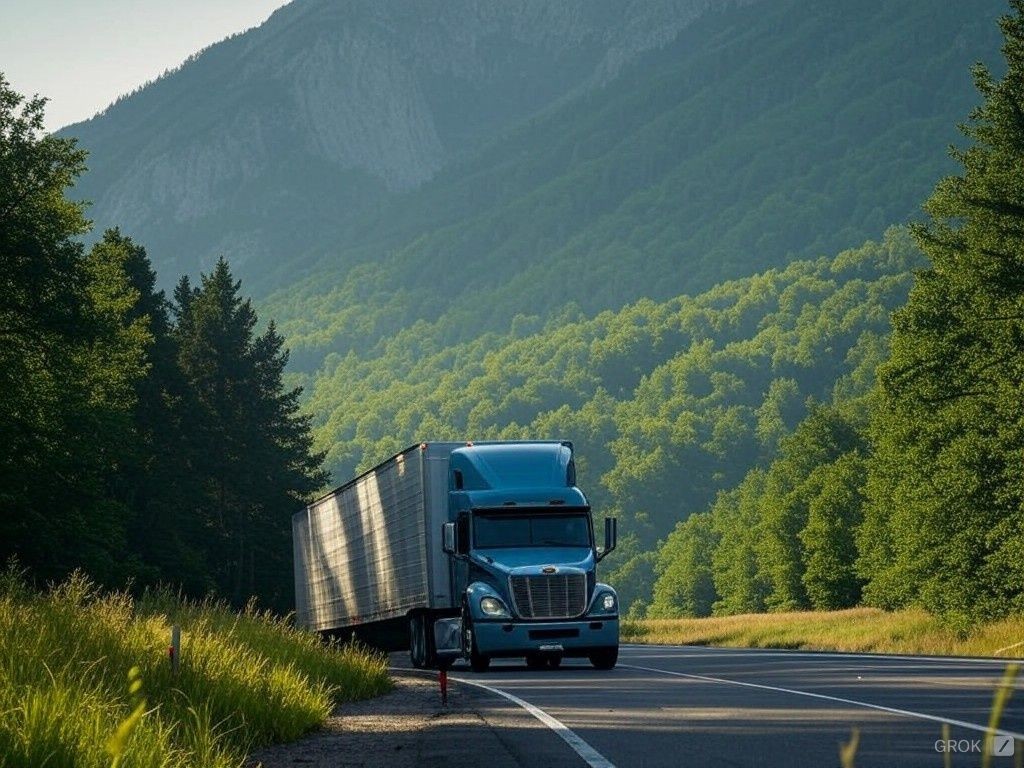 Semi truck near a blue mountain